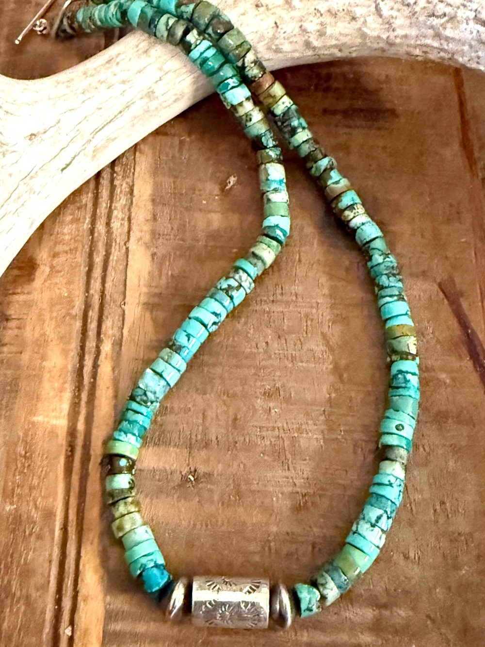 Kingman Turquoise Heishi Necklace, Sterling Silver Navajo Pearls, 18 Inch - Picture 2 of 5